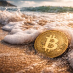 A Bitcoin coin sits in retreating ocean surf on a beach, symbolizing the market’s struggle to reclaim $90,000 as liquidity thins and overall depth continues to weaken.