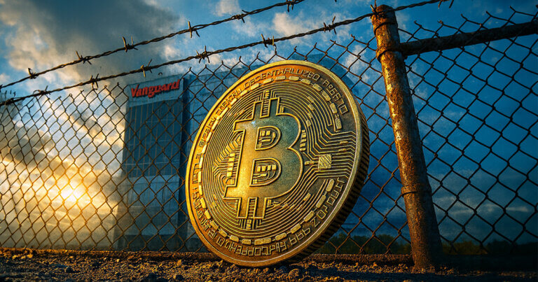 A large gold Bitcoin coin leans against a barbed-wire fence at sunrise with the Vanguard headquarters visible in the background, symbolizing regulatory “soft barriers” despite Bitcoin moving past outright bans.