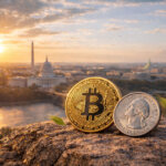 Bitcoin and a US quarter on a rock overlooking Washington DC at sunrise, symbolizing new bank-issued crypto dollars and a looming 2026 surprise for BTC.