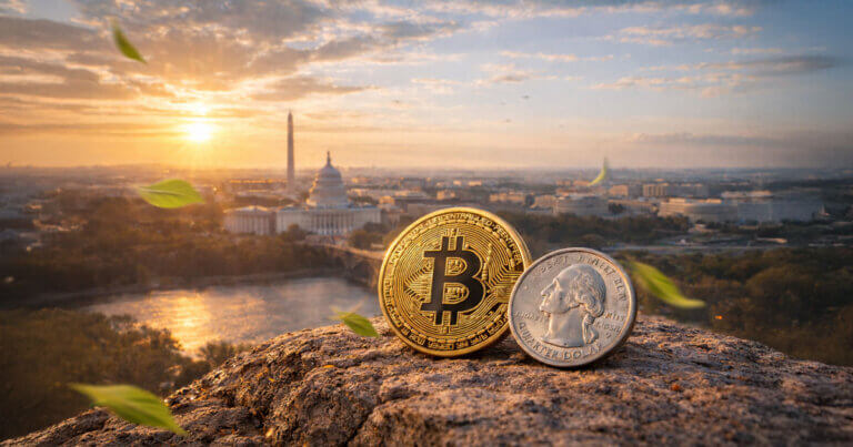 Bitcoin and a US quarter on a rock overlooking Washington DC at sunrise, symbolizing new bank-issued crypto dollars and a looming 2026 surprise for BTC.