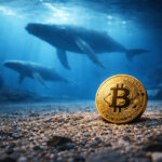 A Bitcoin coin resting on the ocean floor as whales swim in the background, symbolizing data showing major holders did not accumulate $5B in BTC this week.