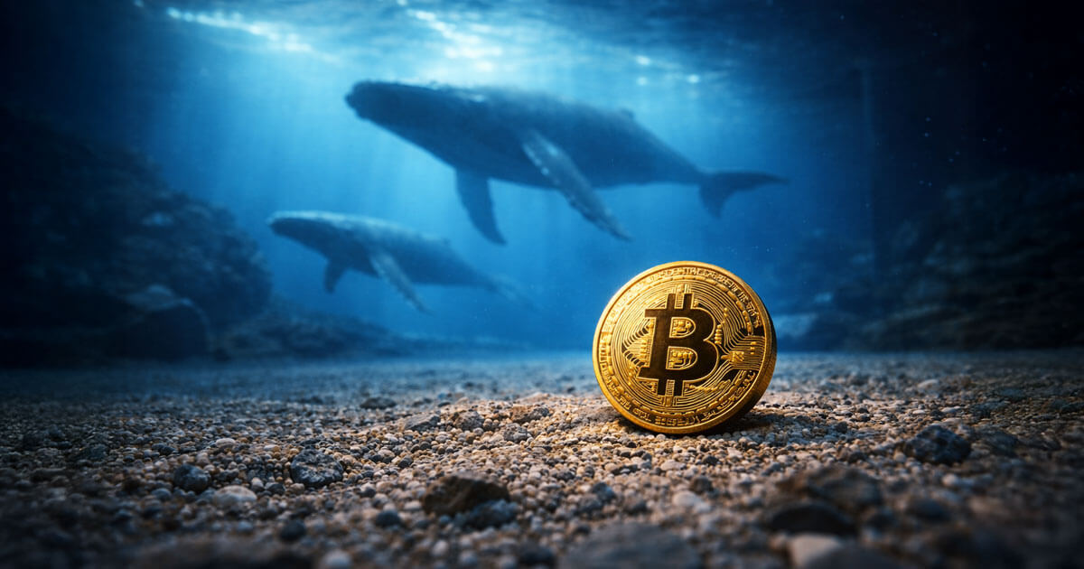 A Bitcoin coin resting on the ocean floor as whales swim in the background, symbolizing data showing major holders did not accumulate $5B in BTC this week.