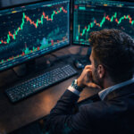 A crypto trader studies multiple screens showing volatile Bitcoin charts, reflecting renewed long positioning from a whale previously known for major short trades.