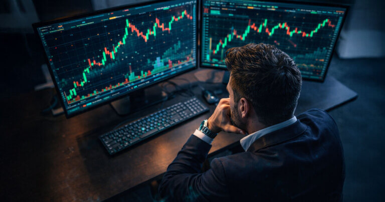 A crypto trader studies multiple screens showing volatile Bitcoin charts, reflecting renewed long positioning from a whale previously known for major short trades.