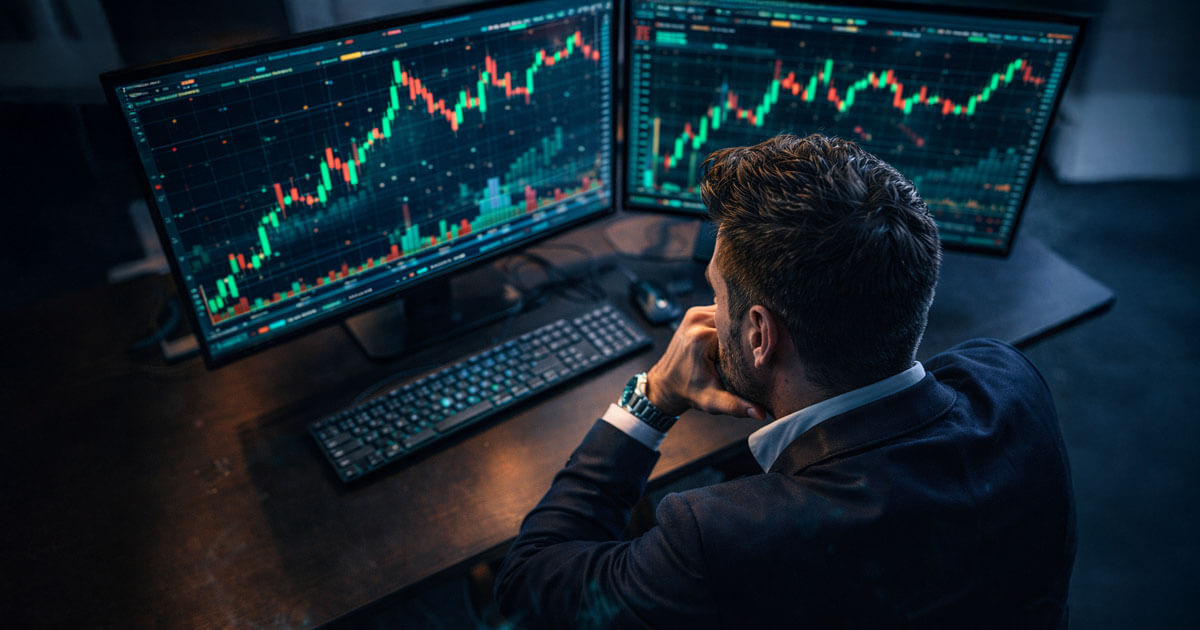 A crypto trader studies multiple screens showing volatile Bitcoin charts, reflecting renewed long positioning from a whale previously known for major short trades.