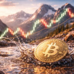 A Bitcoin coin splashes in a mountain stream as a volatile candlestick chart hovers above the landscape, illustrating sharp price swings and sudden stop-hunt moves.
