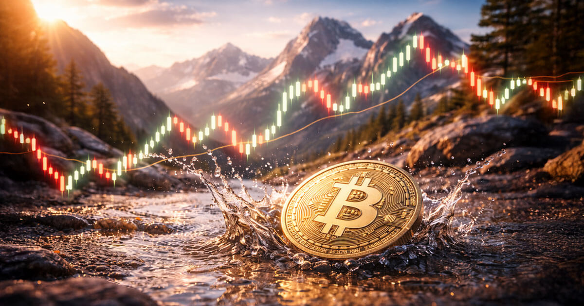 A Bitcoin coin splashes in a mountain stream as a volatile candlestick chart hovers above the landscape, illustrating sharp price swings and sudden stop-hunt moves.