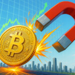 A giant red magnet slams into a glowing gold Bitcoin coin in front of a sharply rising price chart and city skyline, symbolizing the $55 billion Bitcoin options market gravitating toward a single expiry date and an impending $100k price showdown.