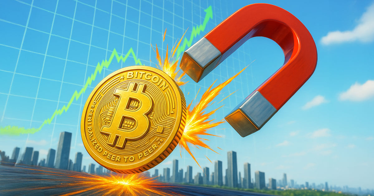 A giant red magnet slams into a glowing gold Bitcoin coin in front of a sharply rising price chart and city skyline, symbolizing the $55 billion Bitcoin options market gravitating toward a single expiry date and an impending $100k price showdown.