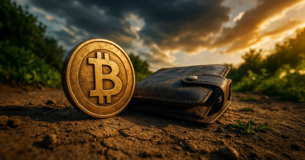 A Bitcoin coin beside a worn leather wallet on cracked ground at sunset, symbolizing dormant Silk Road Bitcoin wallets awakening and the on-chain detail that challenges the typical crash narrative.
