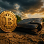 A Bitcoin coin beside a worn leather wallet on cracked ground at sunset, symbolizing dormant Silk Road Bitcoin wallets awakening and the on-chain detail that challenges the typical crash narrative.
