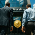 Two institutional investors walk toward BlackRock’s headquarters as a glowing Ethereum coin hovers in front of the building, symbolizing BlackRock’s staking filing quietly splitting Ethereum validators into institutional-grade players and everyone else.