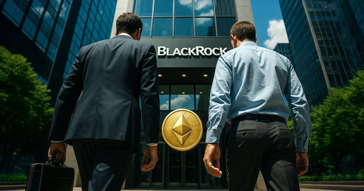 Two institutional investors walk toward BlackRock’s headquarters as a glowing Ethereum coin hovers in front of the building, symbolizing BlackRock’s staking filing quietly splitting Ethereum validators into institutional-grade players and everyone else.