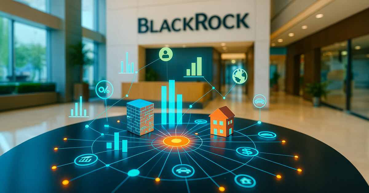 A holographic tokenization dashboard showing digital assets, real estate, and financial data visualizations displayed on a table inside BlackRock’s office, illustrating how BlackRock champions asset tokenization while global regulators like the IMF express concerns.