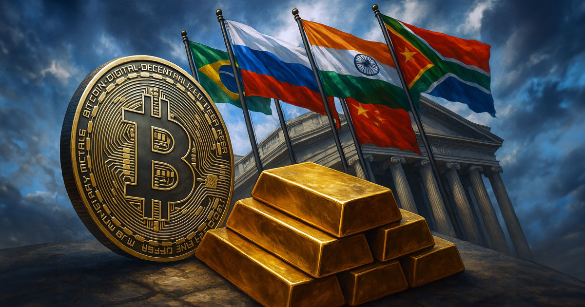 A large Bitcoin coin beside stacked gold bars with BRICS flags and a government-style building, illustrating BRICS carving out $187B as rising real yields challenge Bitcoin’s debasement-hedge narrative.