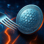 A metallic Cardano coin rests on a glowing digital circuit board while a steel fork symbolically approaches it, representing Cardano’s planned Intra-Era Hard Fork upgrade.