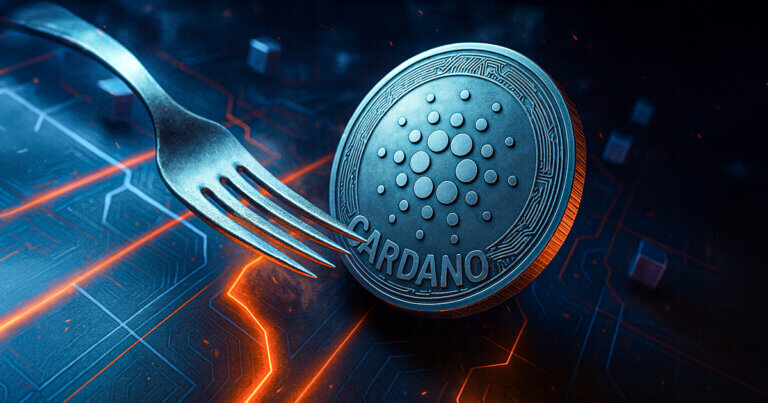 A metallic Cardano coin rests on a glowing digital circuit board while a steel fork symbolically approaches it, representing Cardano’s planned Intra-Era Hard Fork upgrade.