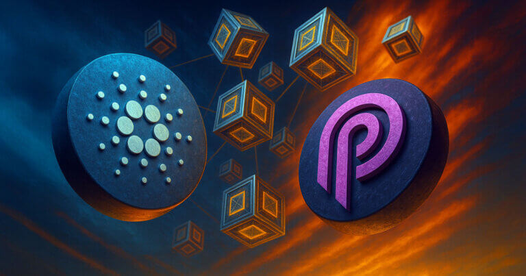 Illustration of a Cardano-style blockchain token and a purple settlement coin linked by floating 3D blockchain cubes in a dramatic sky, symbolizing how new SEC-approved tokenization technology could end the traditional 3-day wait to settle stock trades.