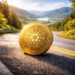 Large gold Cardano (ADA) coin on a winding mountain road above a valley lake, symbolizing a projected 500% price surge over weak revenue.