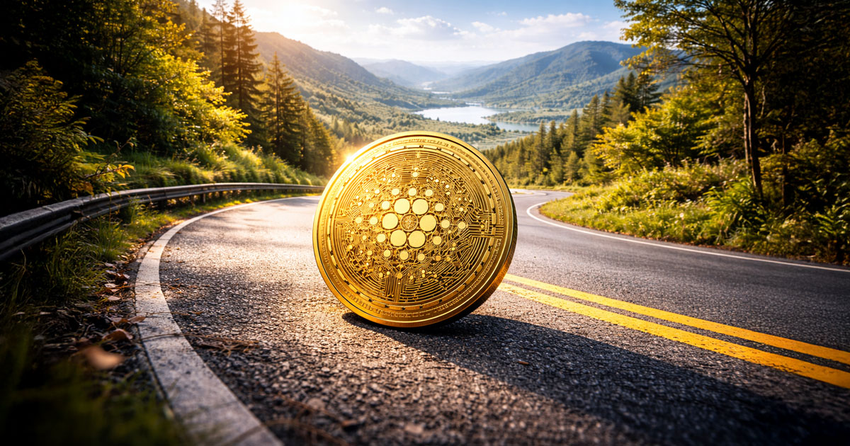 Large gold Cardano (ADA) coin on a winding mountain road above a valley lake, symbolizing a projected 500% price surge over weak revenue.