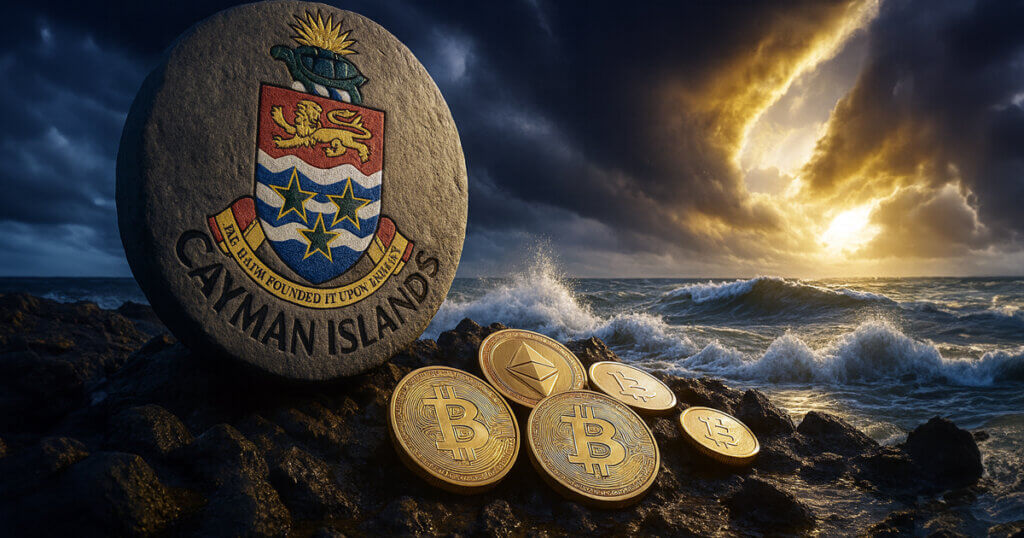 A row of gold Bitcoin and Ethereum coins sits on dark coastal rocks beside a large Cayman Islands emblem stone as dramatic ocean waves crash behind them under a stormy sunset sky.