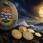 A row of gold Bitcoin and Ethereum coins sits on dark coastal rocks beside a large Cayman Islands emblem stone as dramatic ocean waves crash behind them under a stormy sunset sky.