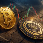 A gold Bitcoin coin beside a Commodity Futures Trading Commission emblem with candlestick charts on cracked ground, illustrating the CFTC piloting Bitcoin as collateral in the derivatives market.