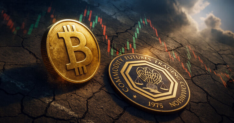 A gold Bitcoin coin beside a Commodity Futures Trading Commission emblem with candlestick charts on cracked ground, illustrating the CFTC piloting Bitcoin as collateral in the derivatives market.