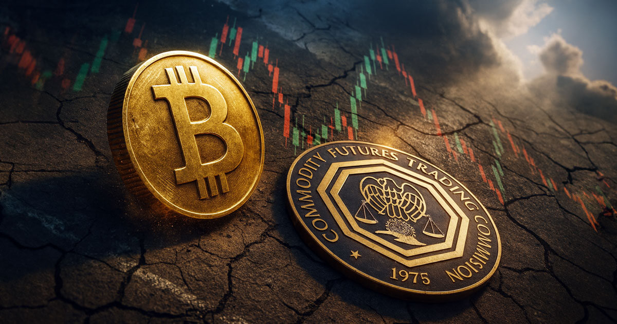 A gold Bitcoin coin beside a Commodity Futures Trading Commission emblem with candlestick charts on cracked ground, illustrating the CFTC piloting Bitcoin as collateral in the derivatives market.