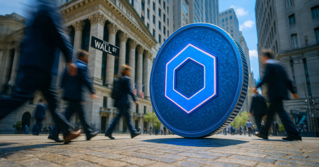 A large blue Chainlink coin stands prominently on Wall Street as blurred businesspeople walk by, symbolizing strong institutional demand and the rising performance of Chainlink ETFs.