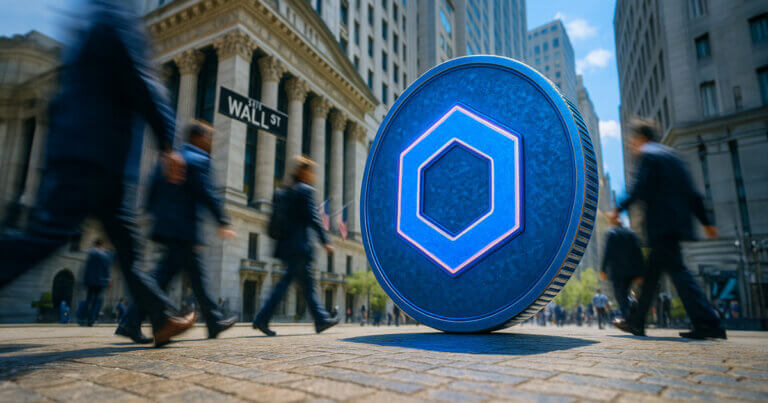 A large blue Chainlink coin stands prominently on Wall Street as blurred businesspeople walk by, symbolizing strong institutional demand and the rising performance of Chainlink ETFs.