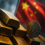 Stacks of gold bars beside a gleaming Bitcoin coin in front of the Chinese flag, symbolizing how China’s record gold buying supports the store-of-value thesis for Bitcoin holders.