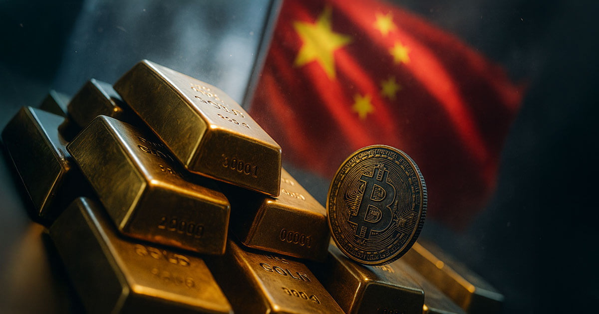 Stacks of gold bars beside a gleaming Bitcoin coin in front of the Chinese flag, symbolizing how China’s record gold buying supports the store-of-value thesis for Bitcoin holders.
