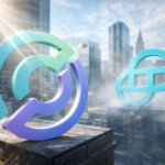 Circle’s rising logo stands in bright sunlight while Gemini’s logo fades in the background, symbolizing their diverging fortunes as 2026’s crypto IPO window tightens
