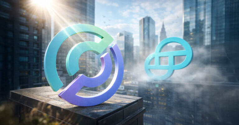 Circle’s rising logo stands in bright sunlight while Gemini’s logo fades in the background, symbolizing their diverging fortunes as 2026’s crypto IPO window tightens