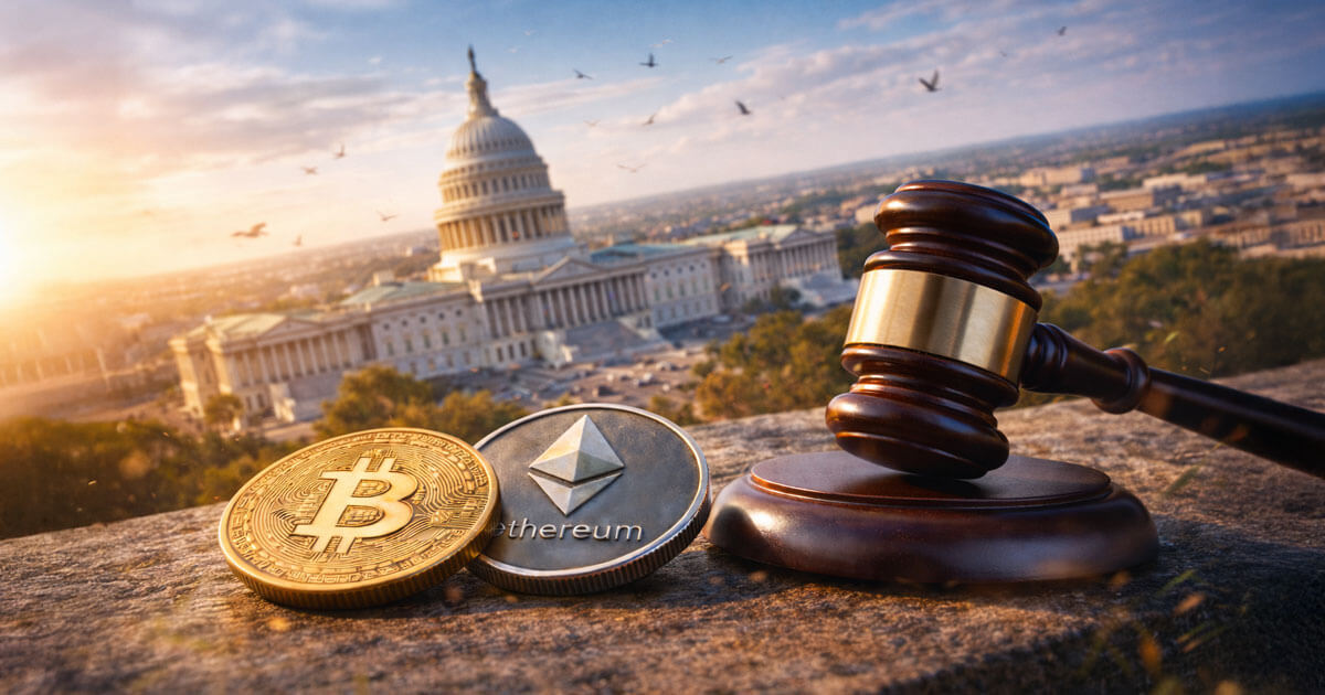 Bitcoin and Ethereum coins beside a judge’s gavel overlooking the US Capitol, illustrating how the CLARITY Act’s passage begins a long, 18-month regulatory rulemaking process.
