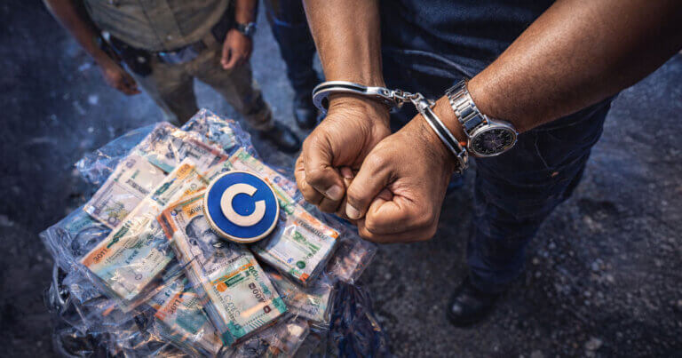 A handcuffed man stands over seized bundles of cash and a Coinbase logo as authorities look on, depicting the arrest of a former support agent in India for an insider-bribery breach.