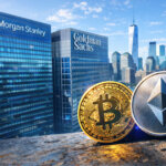 Bitcoin and Ethereum coins on a ledge before Morgan Stanley and Goldman Sachs towers, illustrating SEC broker custody rules controlling private keys.