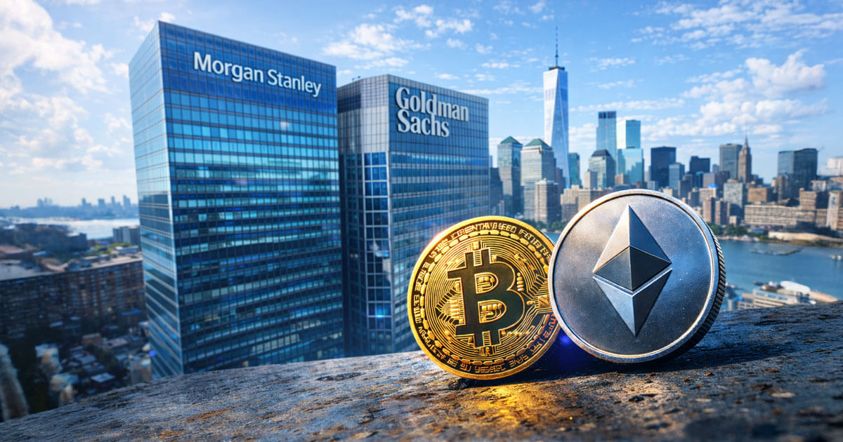 Bitcoin and Ethereum coins on a ledge before Morgan Stanley and Goldman Sachs towers, illustrating SEC broker custody rules controlling private keys.