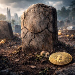 A cracked gravestone in a dim cemetery sits beside a discarded Bitcoin coin, symbolizing the major “crypto is dead” narratives that surfaced throughout 2025.