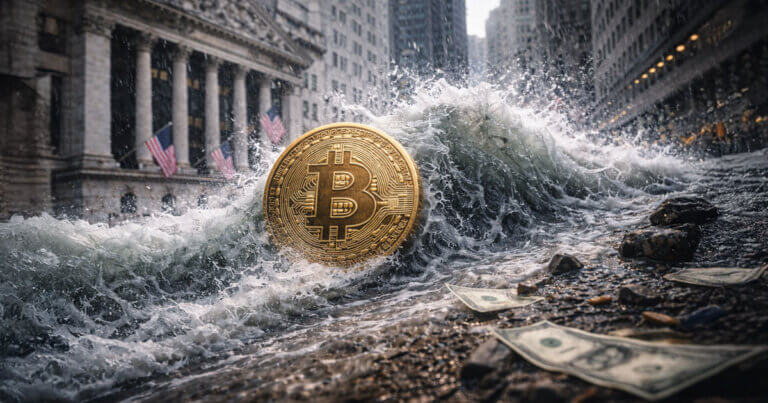 A huge wave crashes through Wall Street as a giant Bitcoin coin stands in the surge, symbolizing how ETF outflow panic contrasted with $46.7B flowing into crypto in 2025.