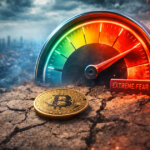 A Bitcoin coin sits on cracked ground beside a fear-and-greed gauge pinned to extreme fear, reflecting how major crypto industry wins still fail to lift market sentiment.