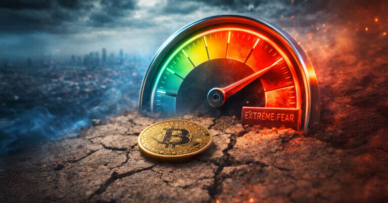A Bitcoin coin sits on cracked ground beside a fear-and-greed gauge pinned to extreme fear, reflecting how major crypto industry wins still fail to lift market sentiment.