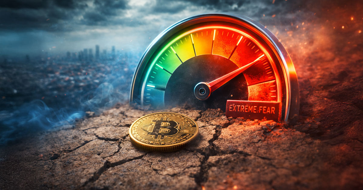 A Bitcoin coin sits on cracked ground beside a fear-and-greed gauge pinned to extreme fear, reflecting how major crypto industry wins still fail to lift market sentiment.