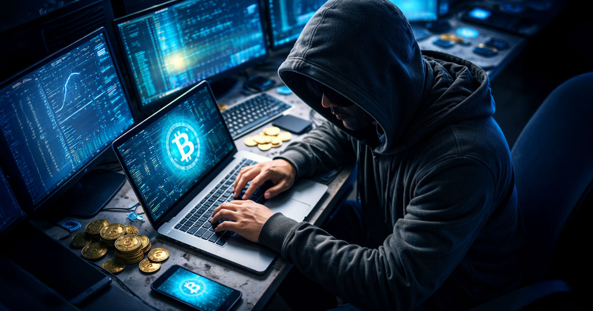 A hooded figure at a desk surrounded by monitors showing crypto data and Bitcoin icons, highlighting the surge in cyberattacks and scams that defined the crypto landscape in 2025.