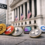 Cryptocurrency coins like Bitcoin, Ethereum, Solana, Avalanche, XRP, and Chainlink displayed on Wall Street, symbolizing growing momentum for 2026 crypto index ETFs.