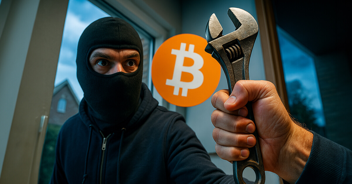 A masked attacker confronts a crypto holder with a wrench in front of a Bitcoin symbol, illustrating rising 2025 crypto kidnappings and “$5-wrench” attacks targeting doxxed investors.