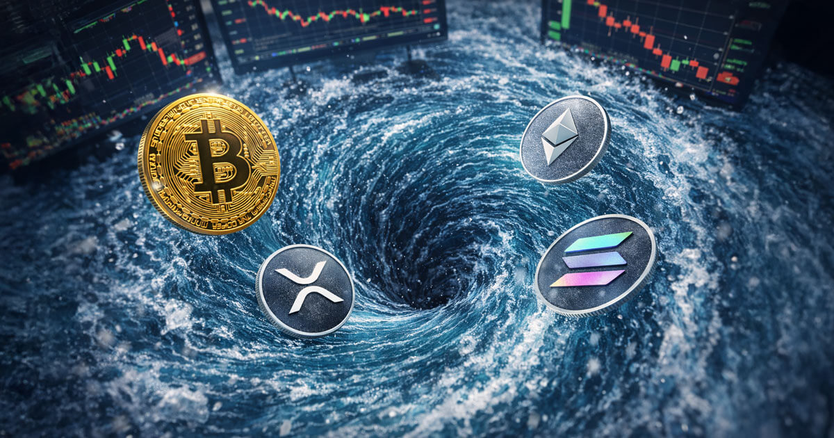 Bitcoin, Ethereum, XRP, and Solana swirl toward a vortex beneath falling charts, illustrating the massive $150 billion in crypto trader liquidations during 2025.