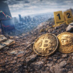 A chaotic crypto scene with burning cash, falling market charts, and battered tokens including Bitcoin and Trump Coin, symbolizing the biggest losers of 2025.