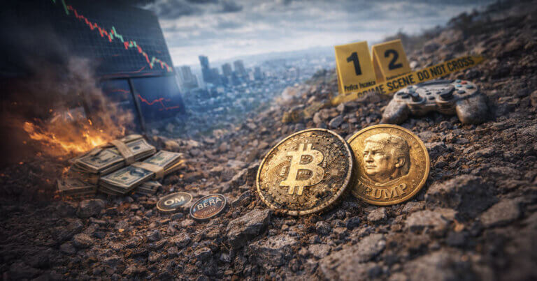 A chaotic crypto scene with burning cash, falling market charts, and battered tokens including Bitcoin and Trump Coin, symbolizing the biggest losers of 2025.